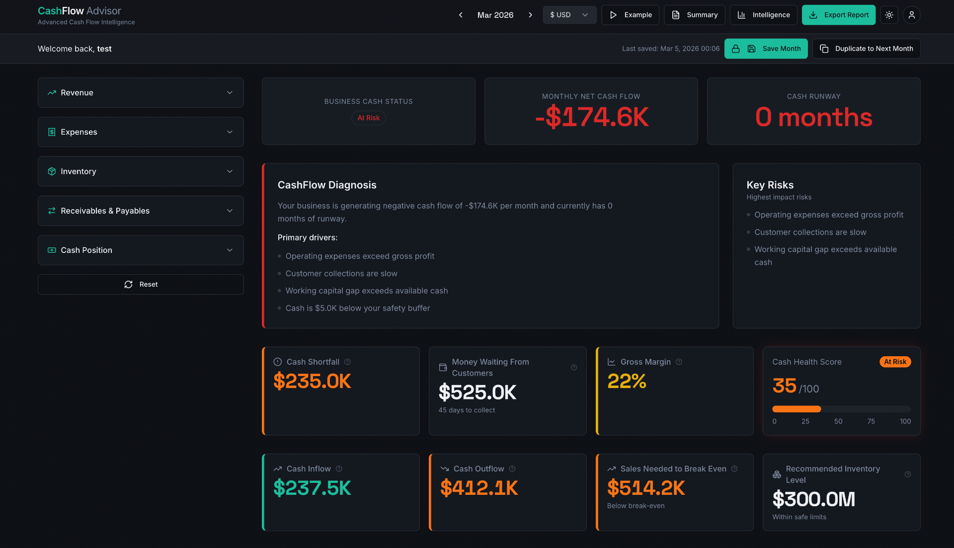 CashFlow Advisor live product preview